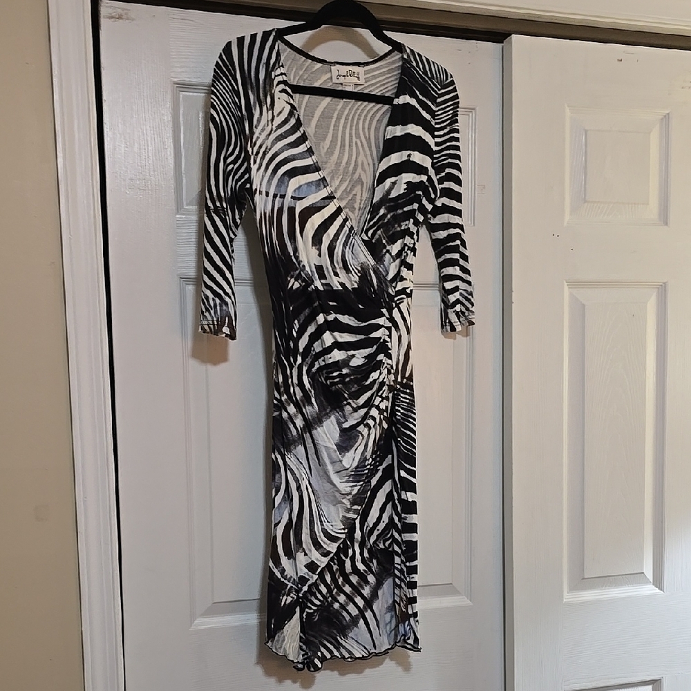 Joseph Ribkoff Black, White, Blue with Hints of Brown, Zebra Print Dress Size 8